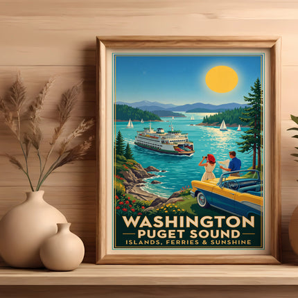 Washington Puget Sound Islands, Ferries & Sunshine vintage travel poster.
