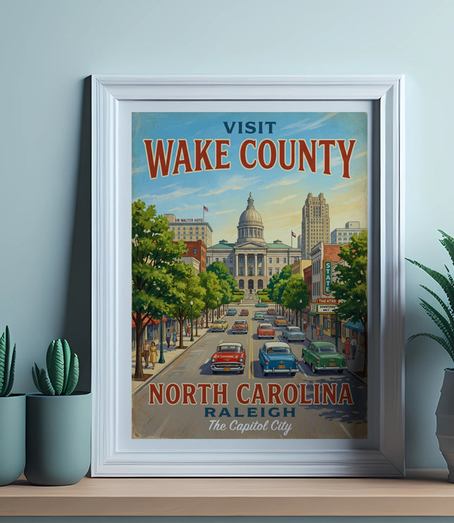 Vintage poster of Wake County, North Carolina, showing downtown Raleigh with State Capitol.