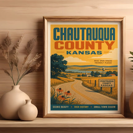 Chautauqua County Kansas travel poster with scenic landscape and text.