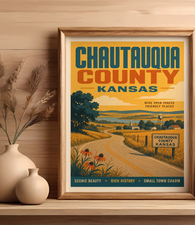 Chautauqua County Kansas travel poster with scenic landscape and text.