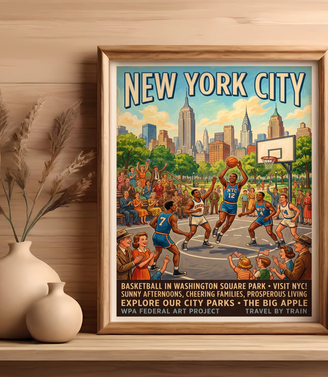 New York City poster depicting a basketball game in Washington Square Park.