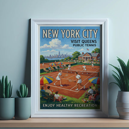 Vintage New York City poster advertising Queens public tennis with players and city skyline.