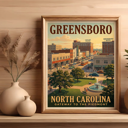 Framed poster: Greensboro, North Carolina, Gateway to the Piedmont, vintage cityscape.