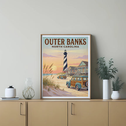 Outer Banks North Carolina vintage travel poster with lighthouse and woodie cars.
