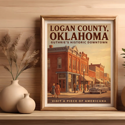 Logan County, Oklahoma vintage poster depicting Guthrie's historic downtown and a classic car.