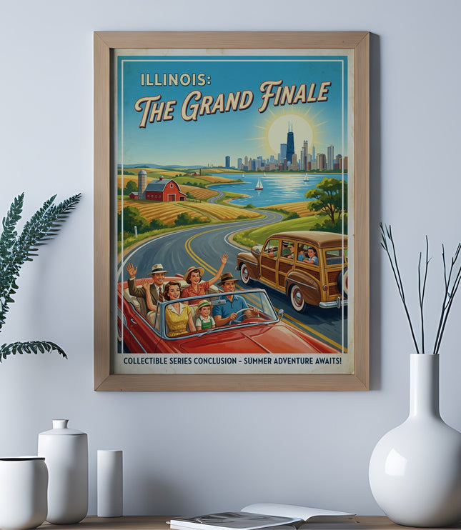 Vintage Illinois Grand Finale travel poster with families in cars.