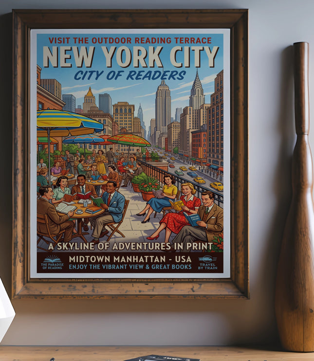 New York City outdoor reading terrace poster with skyline and people reading.