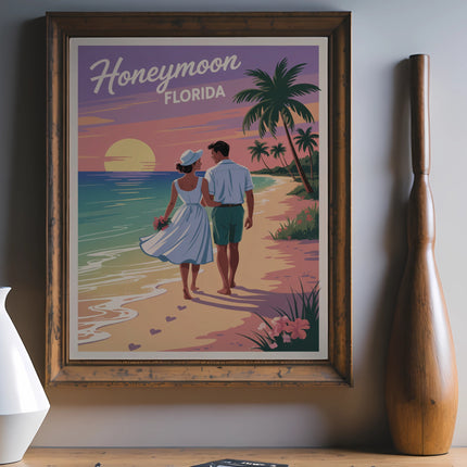 Retro poster of a couple walking on a Florida beach at sunset.