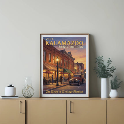 Poster for Visit Kalamazoo County Michigan with vintage street scene and truck.