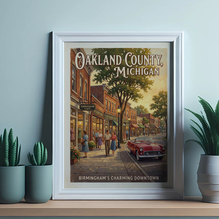 Oakland County, Michigan poster showing Birmingham's charming downtown with a red classic car.