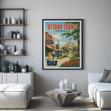 Ottawa County, Kansas vintage travel poster featuring Minneapolis, Kansas cityscape.