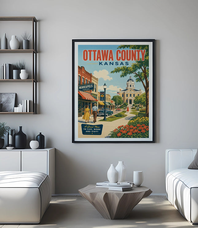 Ottawa County, Kansas vintage travel poster featuring Minneapolis, Kansas cityscape.