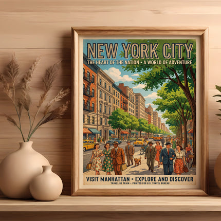 New York City vintage travel poster with street scene and text.
