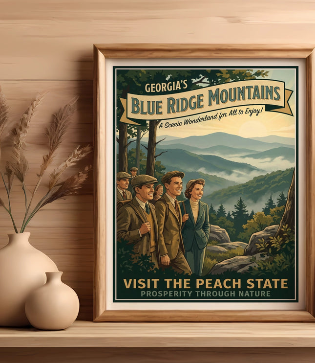 Vintage Georgia Blue Ridge Mountains travel poster with people and misty mountains.