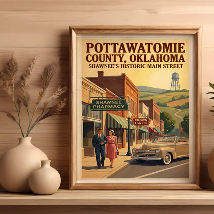 Pottowatomie County, Oklahoma vintage poster of Shawnee's historic main street.