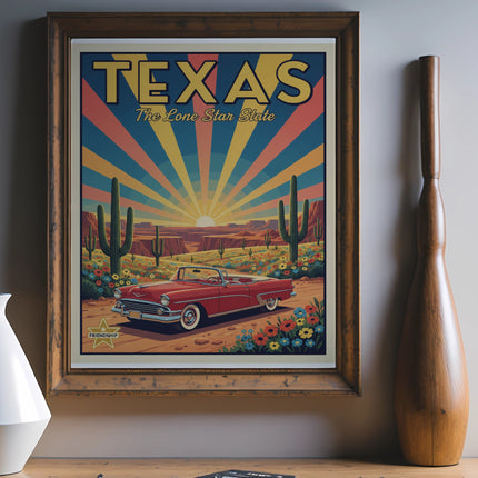 Vintage Texas Lone Star State poster with a red convertible and desert landscape.