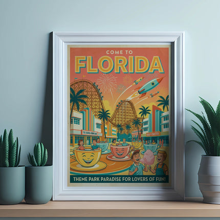 Florida theme park poster with roller coasters, rocket ship, and smiling coffee cups.