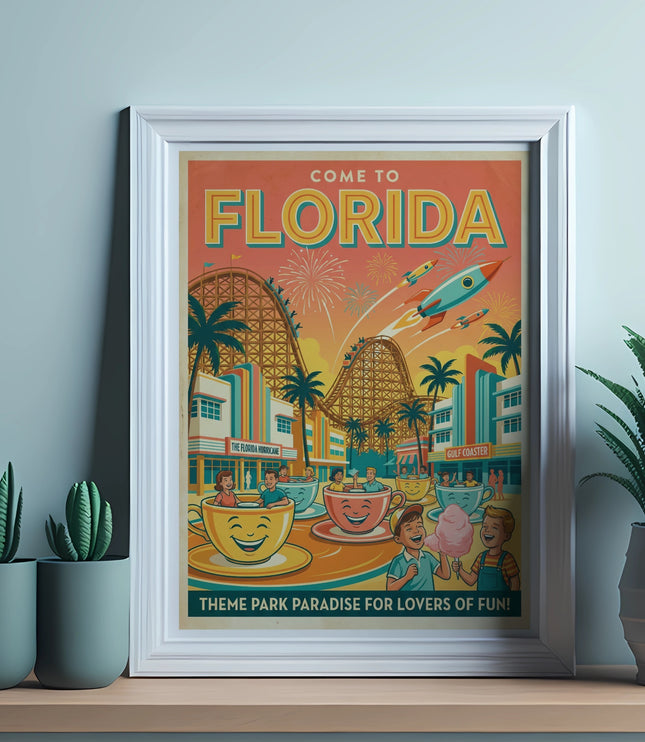 Florida theme park poster with roller coasters, rocket ship, and smiling coffee cups.