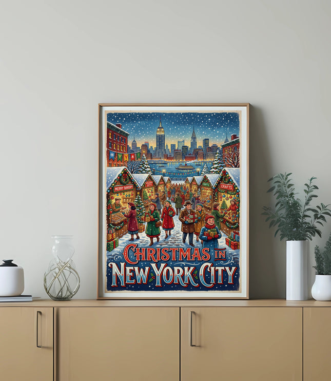 Vintage Christmas in New York City poster with Empire State Building and snowy market stalls.