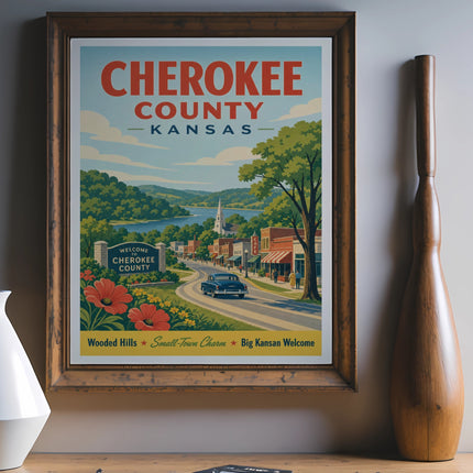 Cherokee County Kansas poster with town scene, lake, and text.