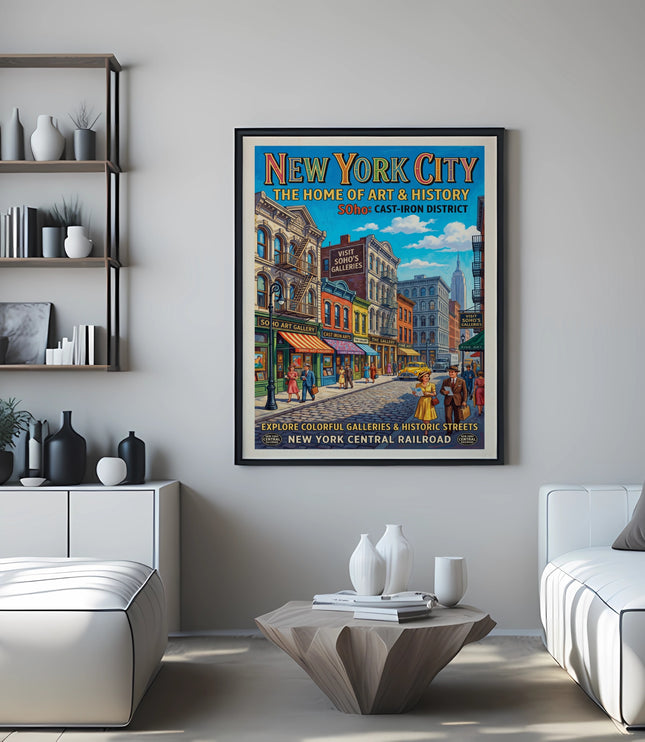 New York City Soho Cast-Iron District vintage travel poster with ERA banner.