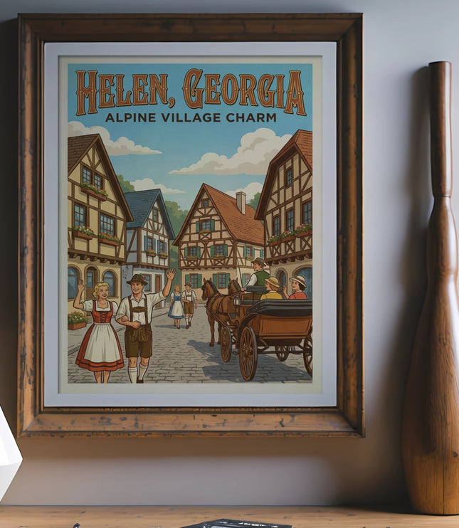 Framed print of Alpine Village Charm in Helen, Georgia with people in traditional clothing and a horse-drawn carriage.