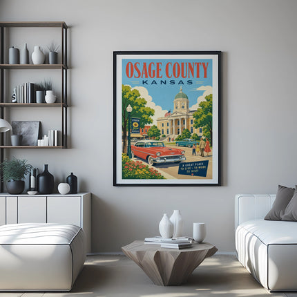 Vintage travel poster for Osage County, Kansas, featuring a red car and Lyndon.
