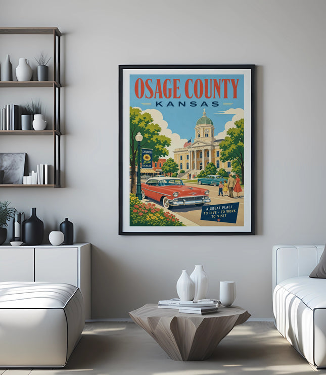 Vintage travel poster for Osage County, Kansas, featuring a red car and Lyndon.
