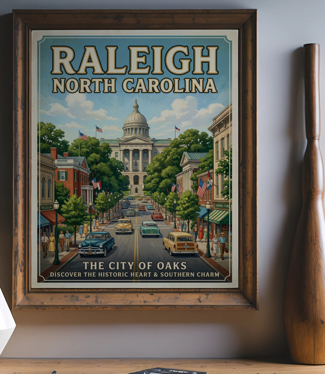 Raleigh North Carolina poster featuring a street scene with vintage cars and the State Capitol building.