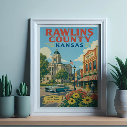 Vintage travel poster for Rawlins County, Kansas, featuring Atwood and a classic car.