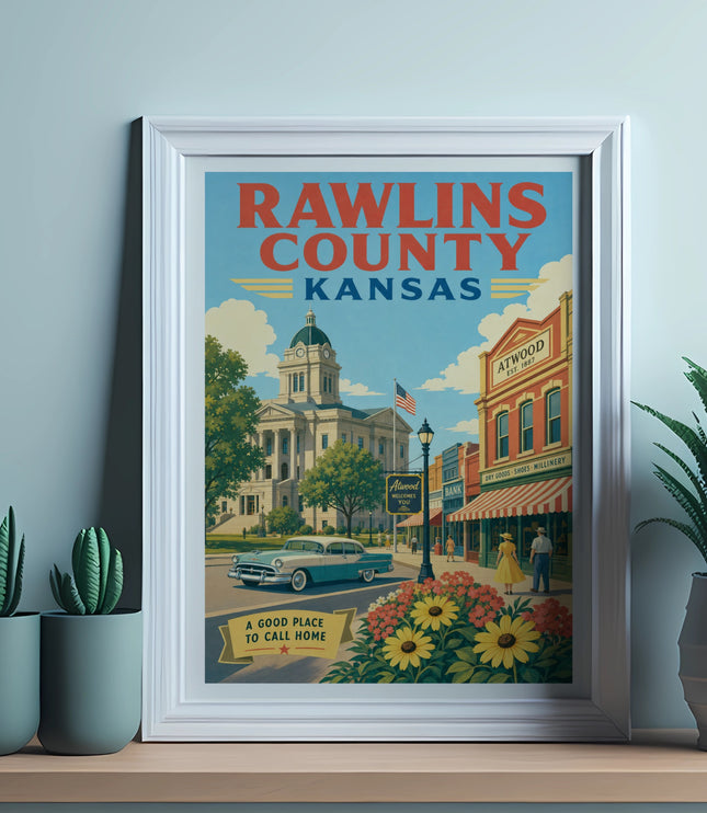 Vintage travel poster for Rawlins County, Kansas, featuring Atwood and a classic car.