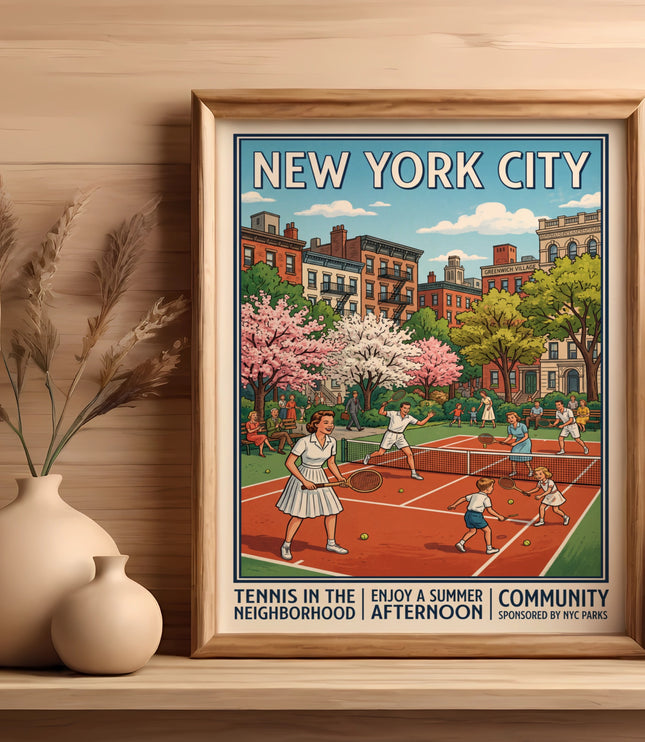 New York City poster of people playing tennis in Greenwich Village.
