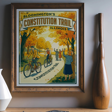 Vintage travel poster for Bloomington, Illinois Constitution Trail with cyclists and people waving.