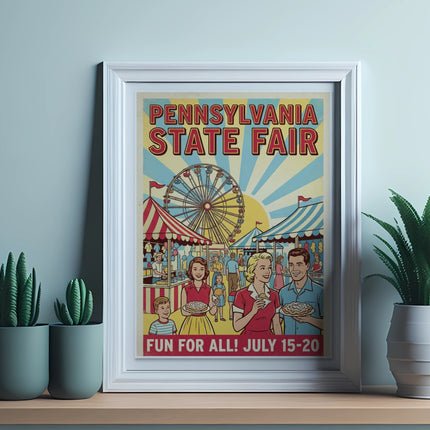 Pennsylvania State Fair poster with Ferris wheel, families, and food.