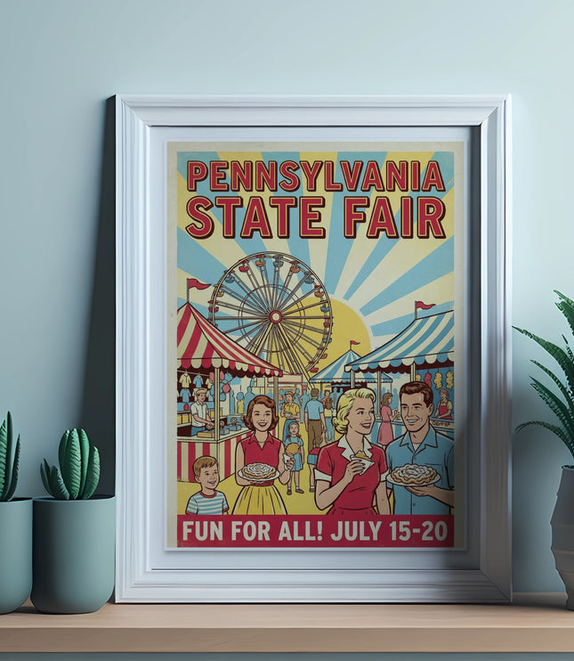 Pennsylvania State Fair poster with Ferris wheel, families, and food.