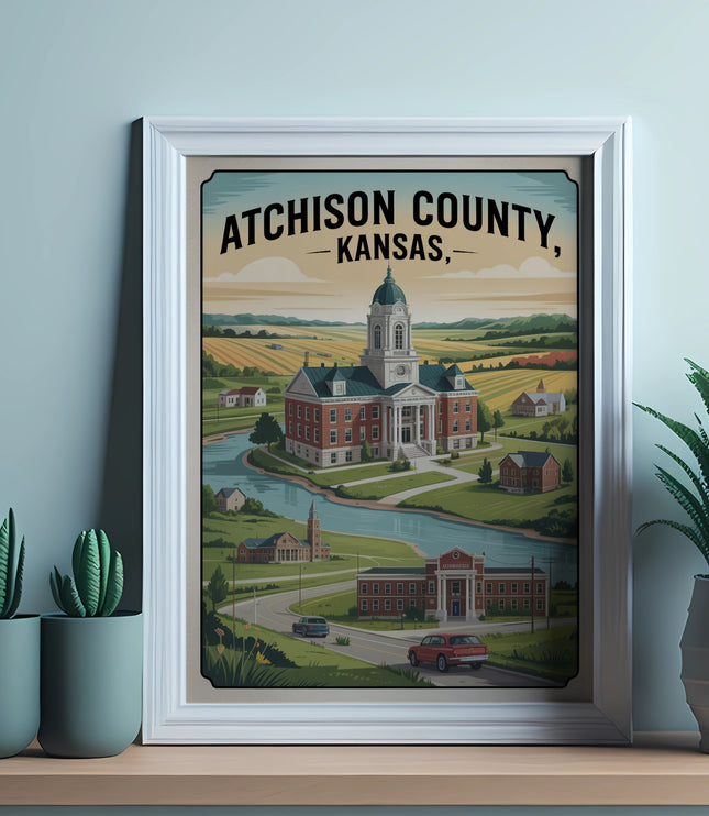 Framed illustration of Atchison County, Kansas, with courthouse and scenic landscape.