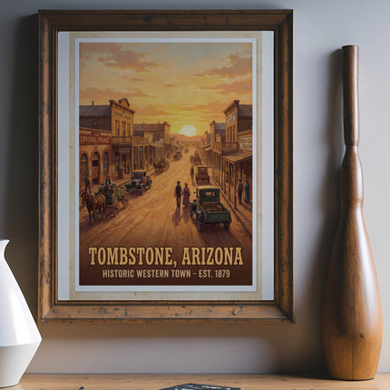 Tombstone, Arizona Historic Western Town poster with sunset street scene and text.