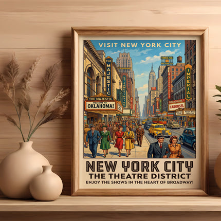 Vintage New York City Theatre District poster, featuring buildings and a street scene.