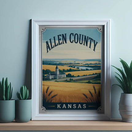Vintage travel poster for Allen County, Kansas, featuring a landscape with buildings and wheat fields.