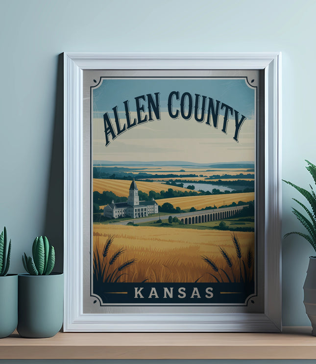 Vintage travel poster for Allen County, Kansas, featuring a landscape with buildings and wheat fields.
