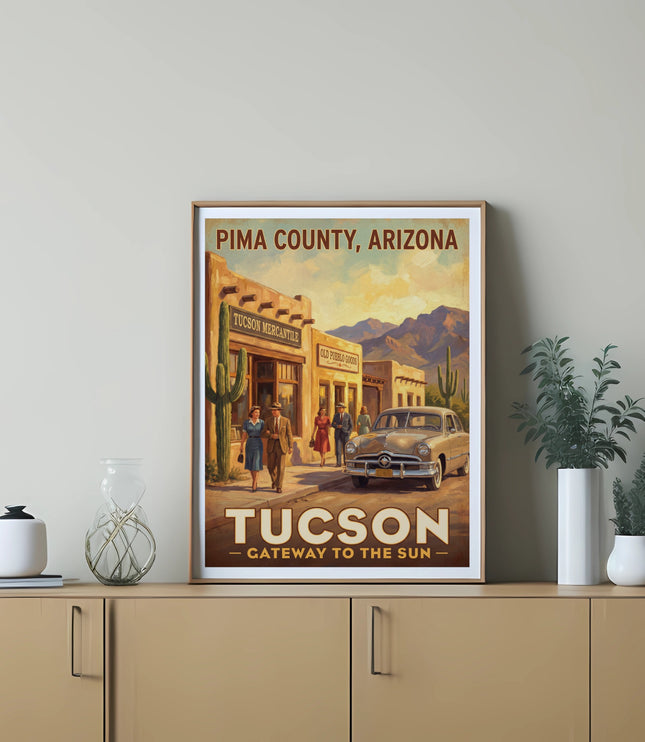 Tucson vintage travel poster with "Pima County, Arizona" and "Gateway to the Sun."