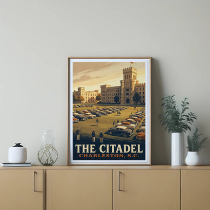 Poster of The Citadel Charleston S.C. with a castle and cars.