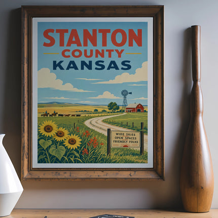 Stanton County Kansas travel poster with sunflowers, windmill, and farmhouse.