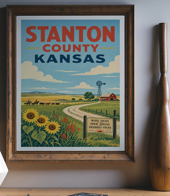 Stanton County Kansas travel poster with sunflowers, windmill, and farmhouse.