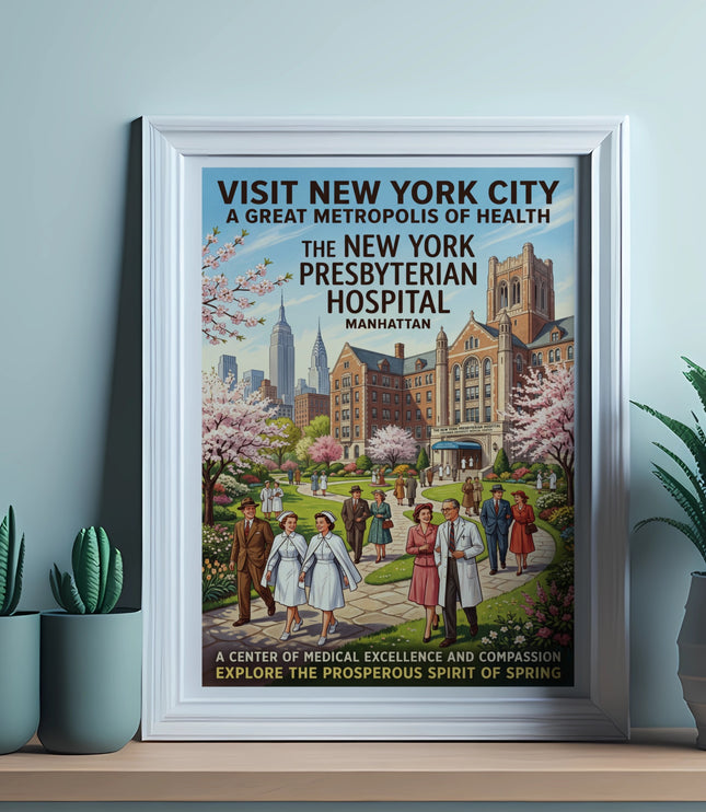 Vintage travel poster of New York Presbyterian Hospital exterior in spring.