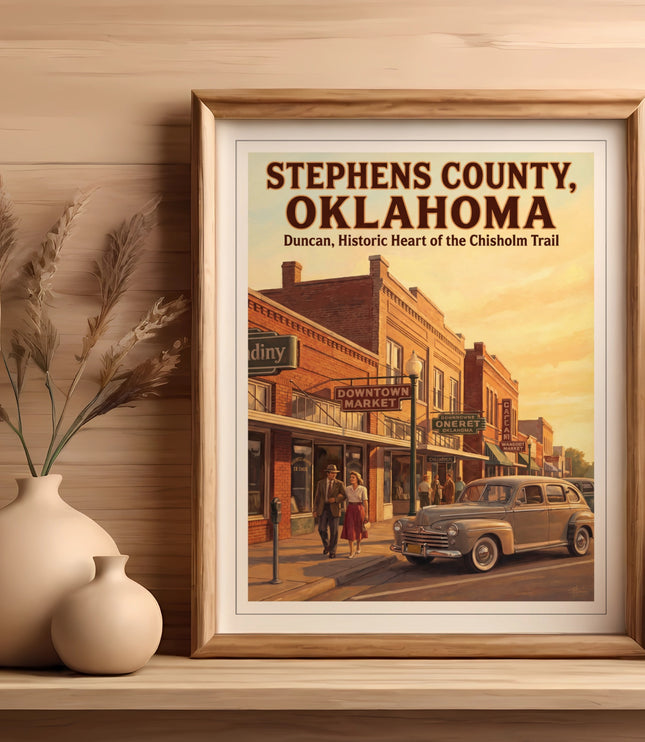 Framed artwork of Stephens County, Oklahoma, Duncan, Historic Heart of Chisholm Trail.