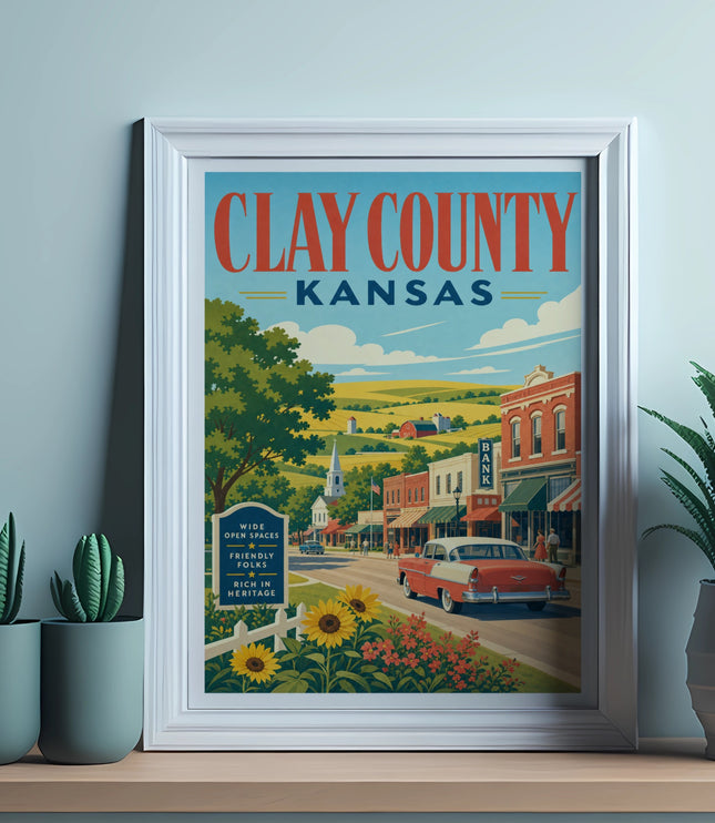Clay County, Kansas vintage travel poster with a classic car and town scene.