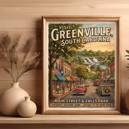 Vintage poster of Greenville, South Carolina, showcasing Main Street and Falls Park.