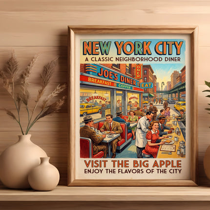 Retro New York City diner poster with text "JOE'S DINER", "BREAKFAST", "COFFEE", "EAT", and "VISIT THE BIG APPLE".