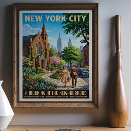 New York City poster with couple walking past a church, buildings, and trees.